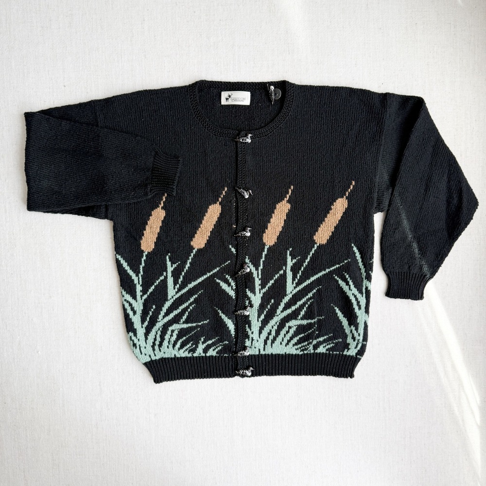 vtg Kingdom Collections cattails ducks loons black‎ cardigan sweater